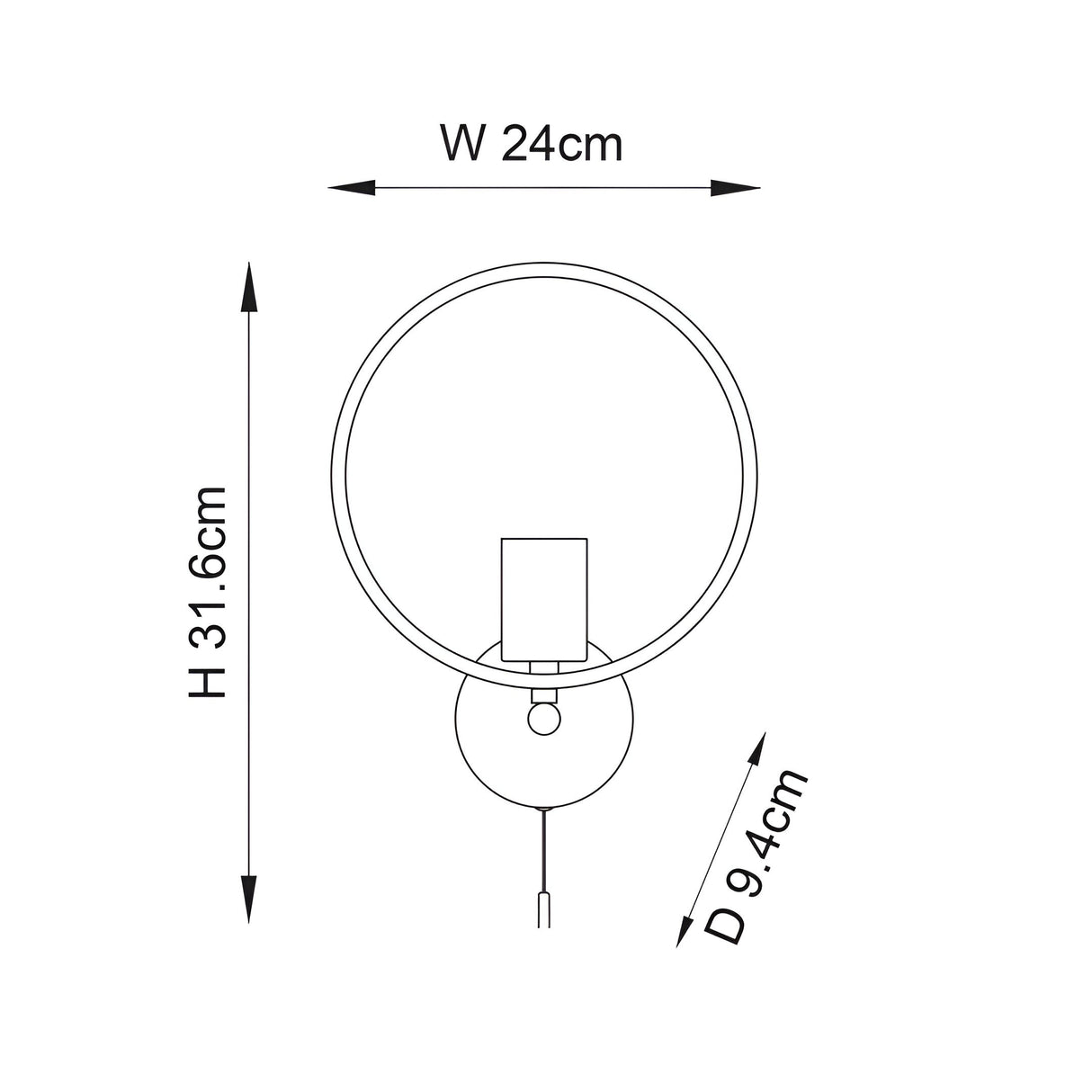 Dimension diagram of the Endon Carlcombe bathroom wall light in chrome, showing height 31.6cm, width 24cm and depth 9.4cm on a white background.