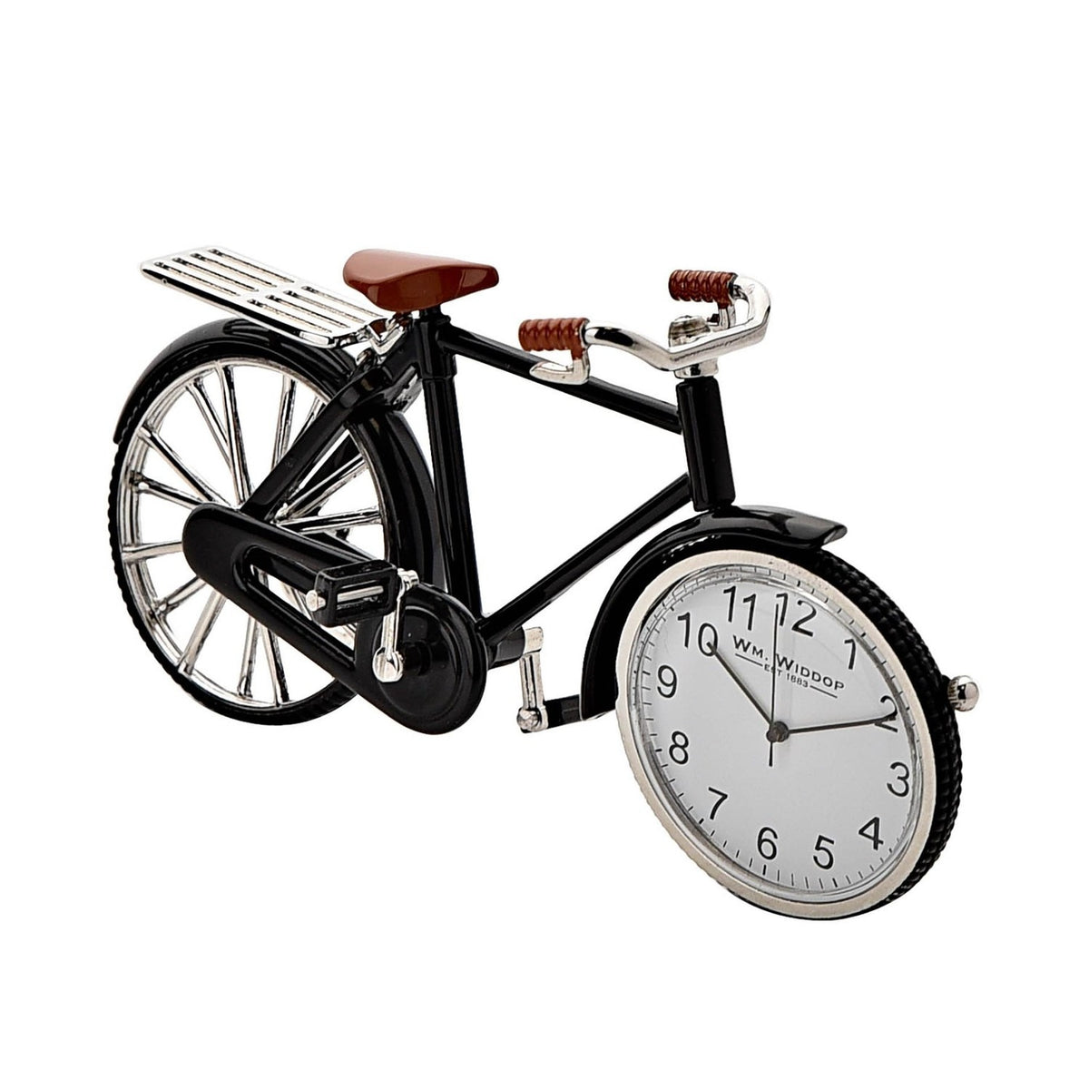 Black miniature pedal bike mantel clock with silver spokes, handlebars and pedal cranks, brown saddle and grips, and a white clock face set into the front wheel.