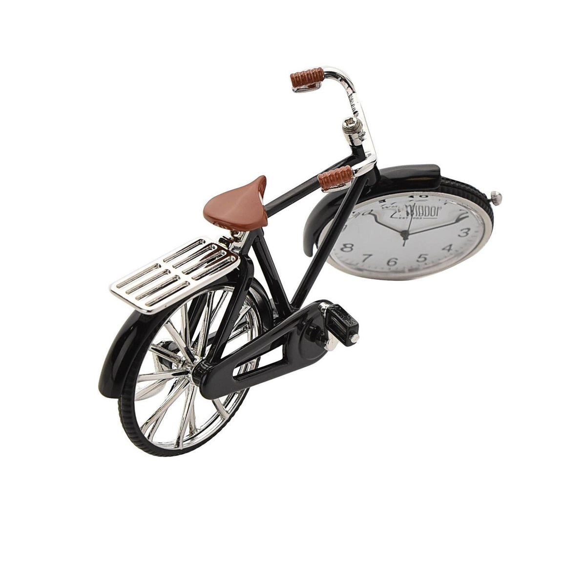Black miniature pedal bike mantel clock with silver spokes, handlebars and pedal cranks, brown saddle and grips, and a white Arabic numeral dial set into the front wheel.
