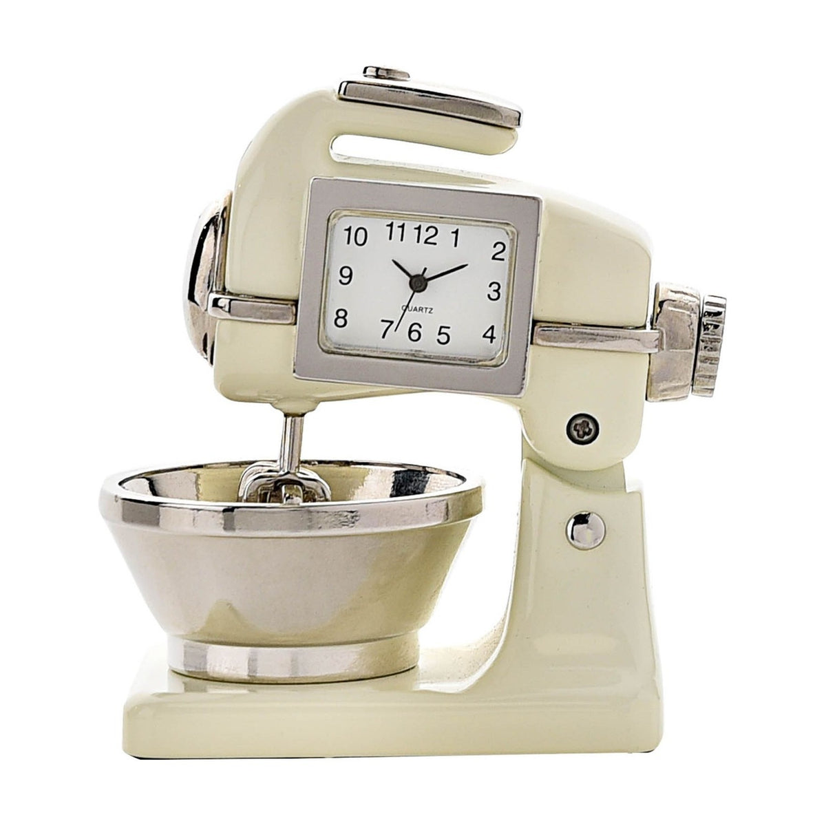 Miniature mantel clock shaped like a food mixer in glossy beige metal, with a silver-framed white dial, black hands, and a silver mixing bowl with beaters, on a plain white background.