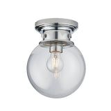 Endon Tarn flush bathroom ceiling light with a clear glass globe shade, chrome fitting, and single E27 filament bulb on a plain white background.