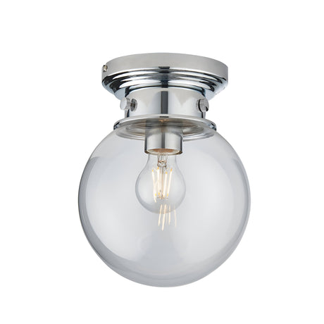Endon Tarn flush bathroom ceiling light with a clear glass globe shade, chrome fitting, and single E27 filament bulb on a plain white background.