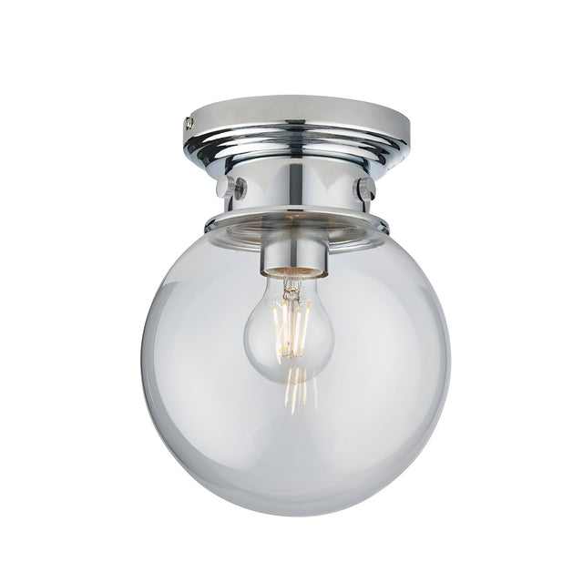 Endon Tarn flush bathroom ceiling light with a clear glass globe shade, chrome fitting, and single E27 filament bulb on a plain white background.