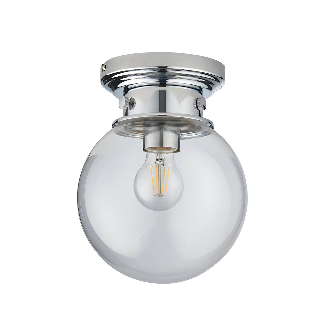 Endon Tarn flush bathroom ceiling light in chrome with a clear glass globe shade and single E27 filament bulb, shown on a plain white background.