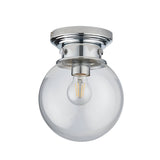 Endon Tarn flush bathroom ceiling light in chrome with a clear glass globe shade and single E27 filament bulb, shown on a plain white background.