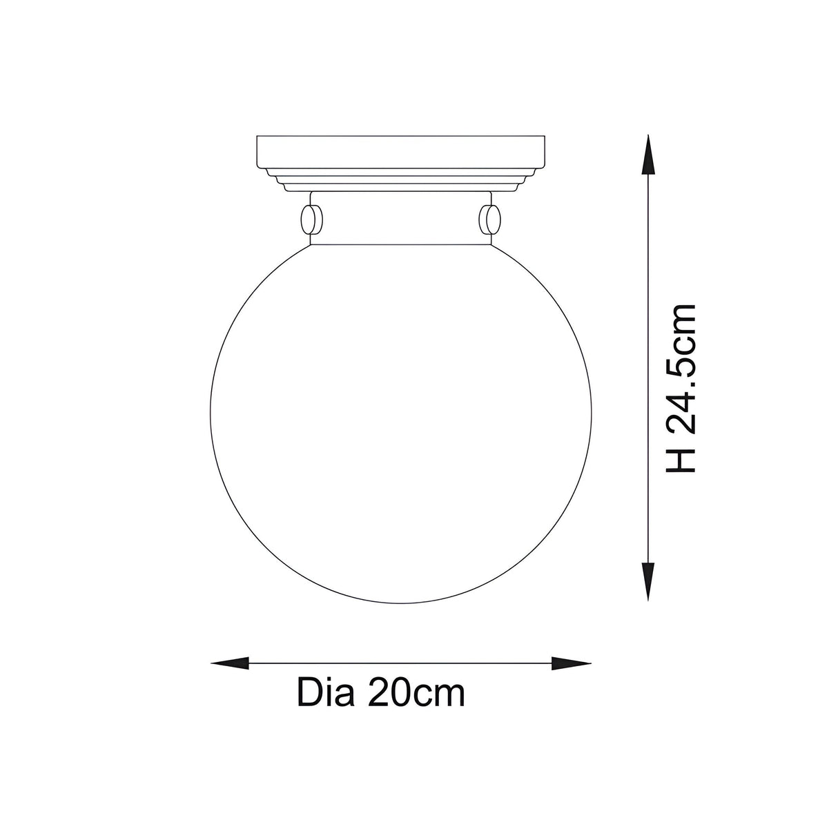 Dimension diagram of the Endon Tarn flush bathroom ceiling light showing a 20cm diameter glass globe and 24.5cm height with chrome fitting.