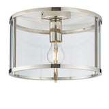 Endon Ellery flush ceiling light in brushed nickel with a cylindrical clear glass shade and single E27 filament bulb, shown on a white background.