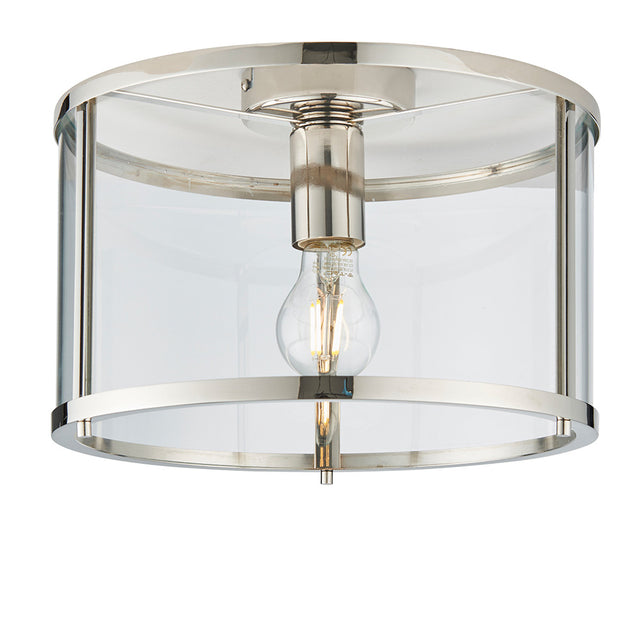Endon Ellery flush ceiling light in brushed nickel with a cylindrical clear glass shade and single E27 filament bulb, shown on a white background.