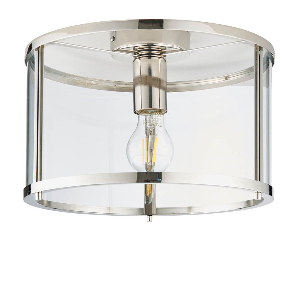 Endon Ellery flush ceiling light in brushed nickel with a cylindrical clear glass shade and single E27 filament bulb, shown on a white background.