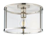 Endon Ellery flush ceiling light in brushed nickel with a cylindrical clear glass shade and single E27 filament bulb, shown on a white background.