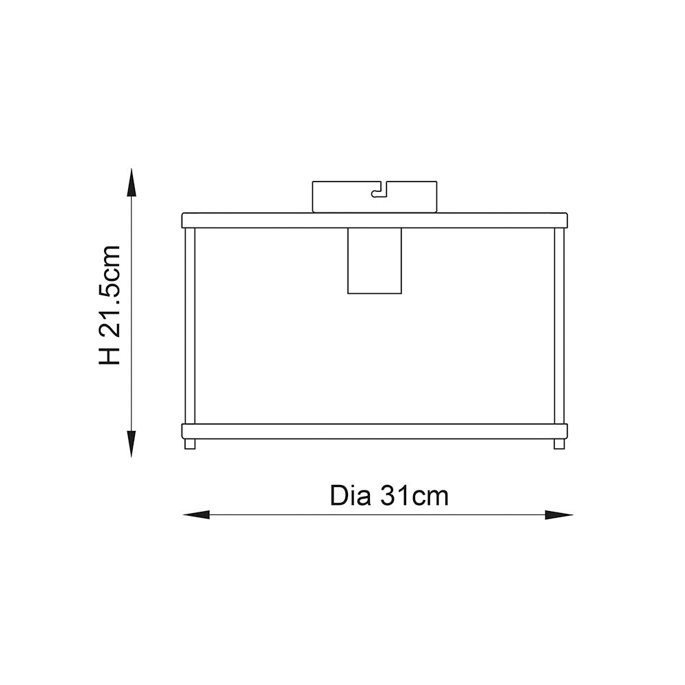 Dimensions diagram of the Endon Ellery Brushed Nickel flush ceiling light showing 21.5cm height and 31cm diameter on a plain white background.