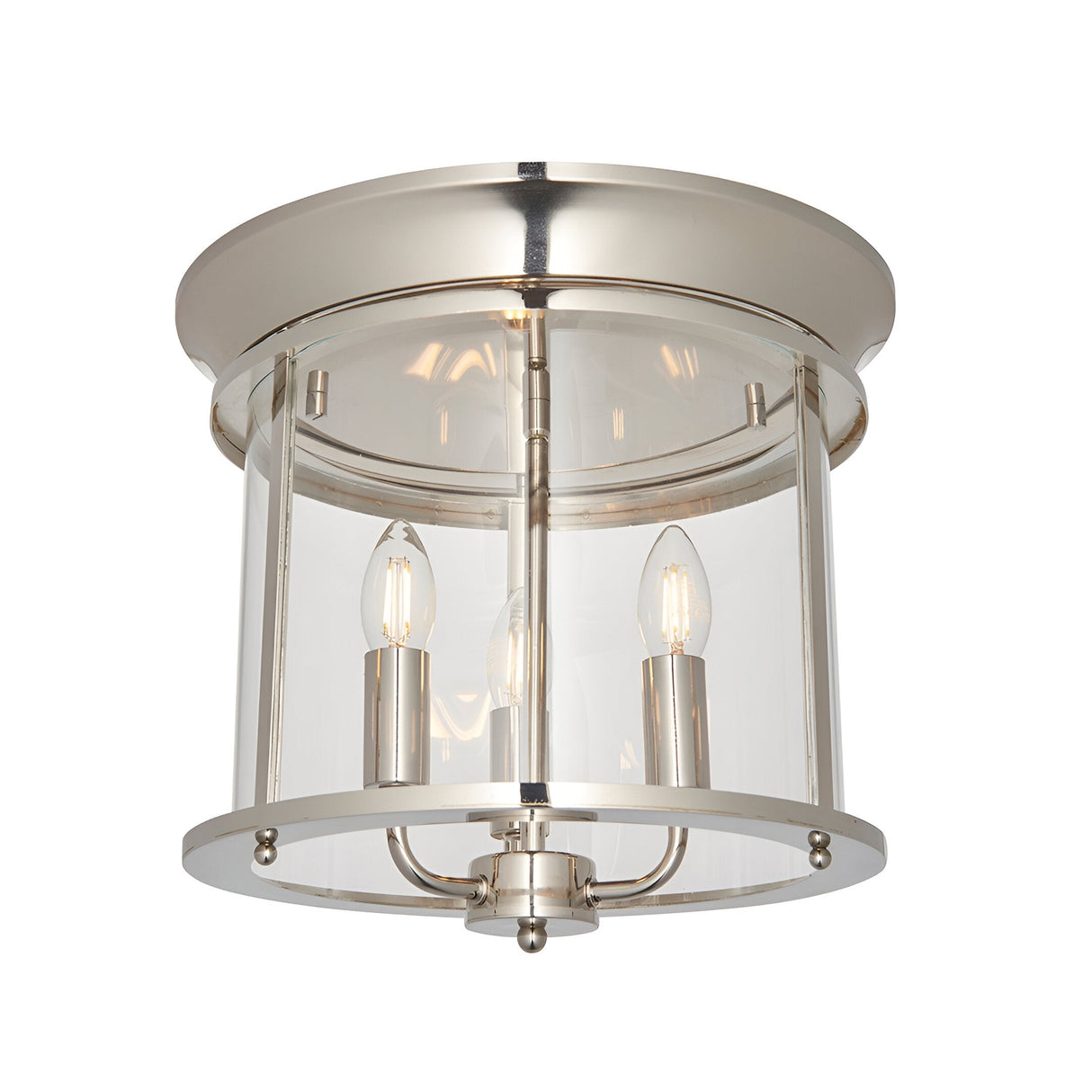 Endon Hollis 3 light flush ceiling light in nickel with cylindrical clear glass shade and three E14 candle lamps, on a plain white background.