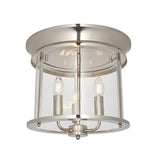 Endon Hollis 3 light flush ceiling light in nickel with cylindrical clear glass shade and three E14 candle lamps, on a plain white background.