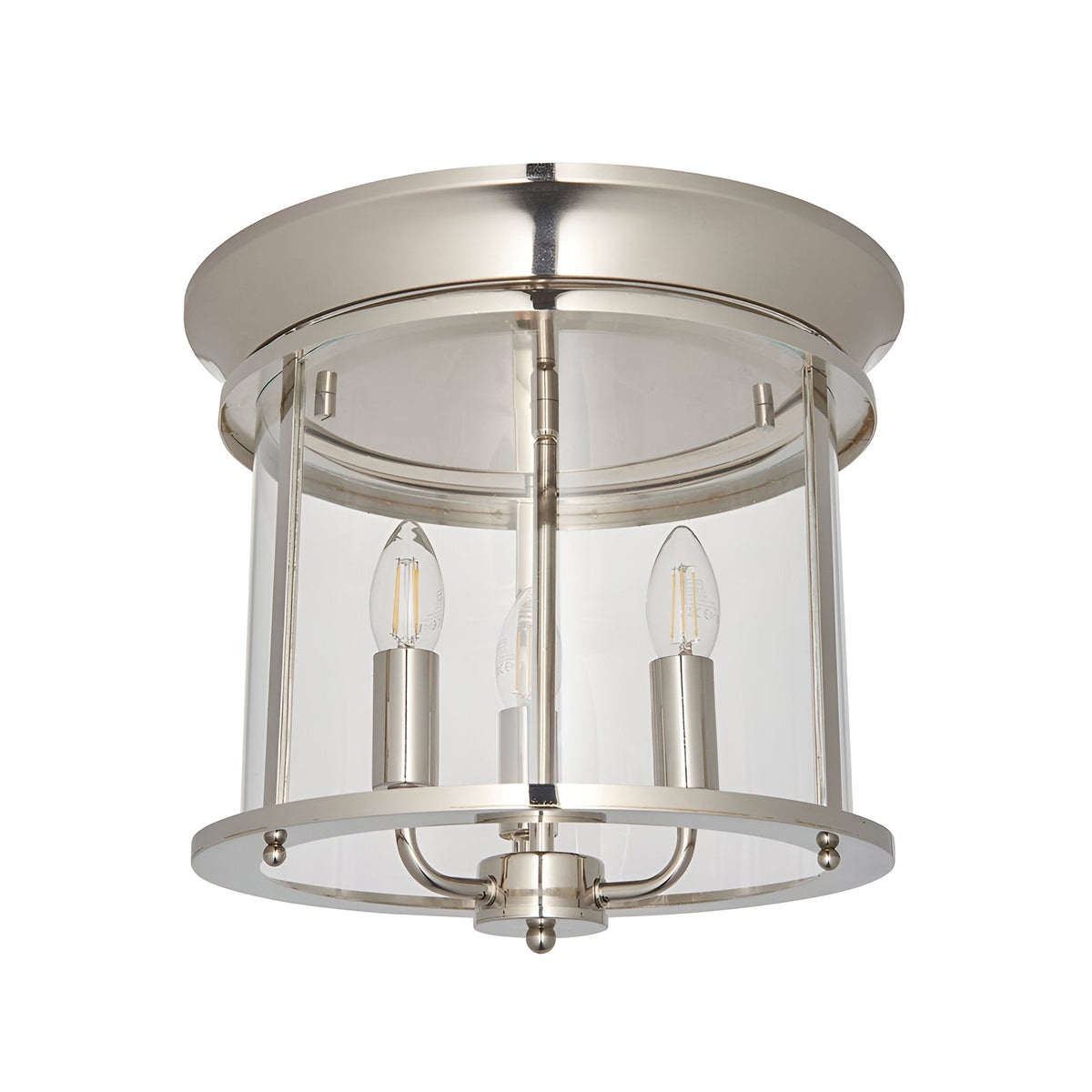Endon Hollis 3 light flush ceiling light in nickel with a cylindrical clear glass shade and three E14 candle lamps, shown on a white background.