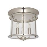 Endon Hollis 3 light flush ceiling light in nickel with a cylindrical clear glass shade and three E14 candle lamps, shown on a white background.