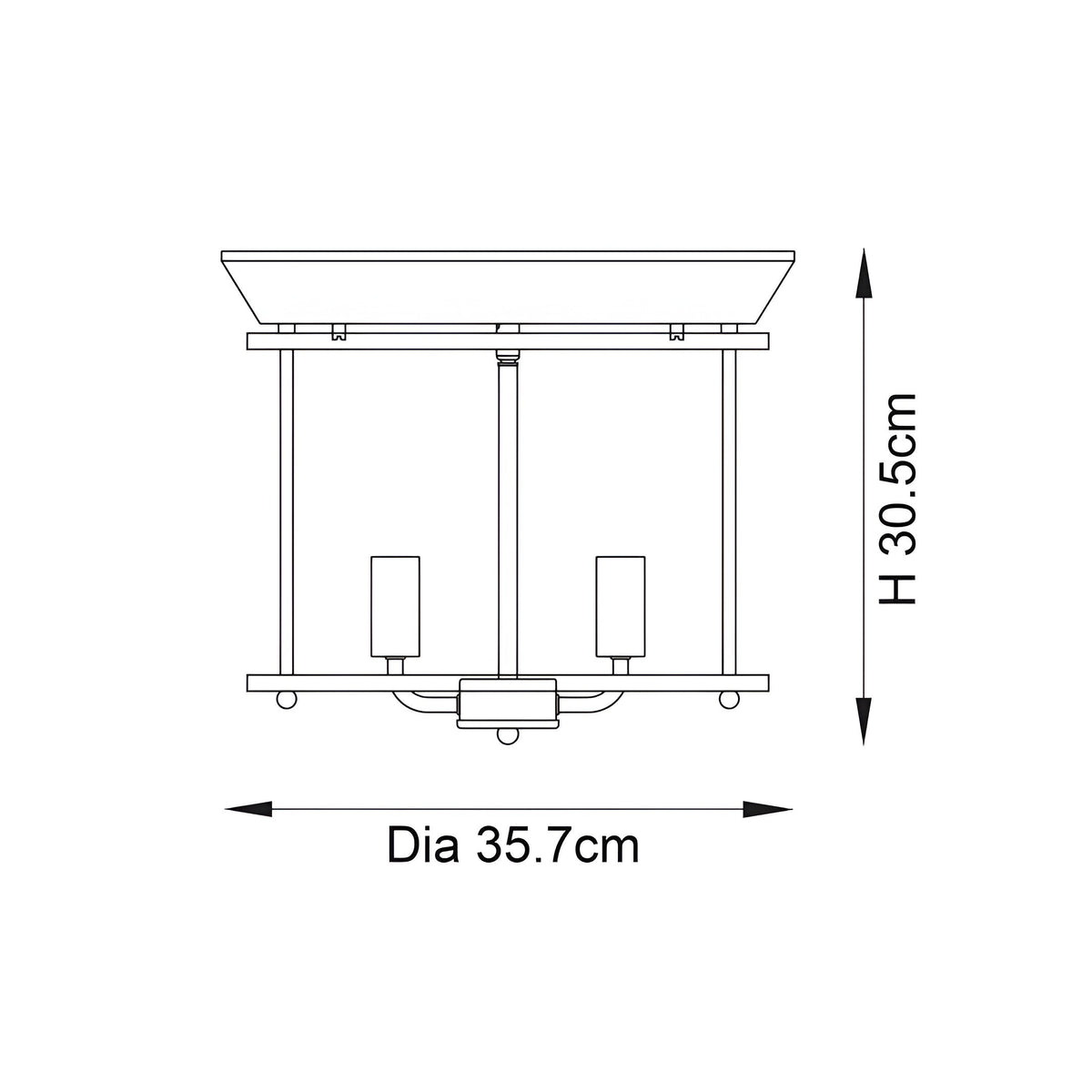 Dimension diagram of the Endon Hollis 3 Light Flush Ceiling Light in nickel, showing 35.7cm diameter and 30.5cm height on a white background.