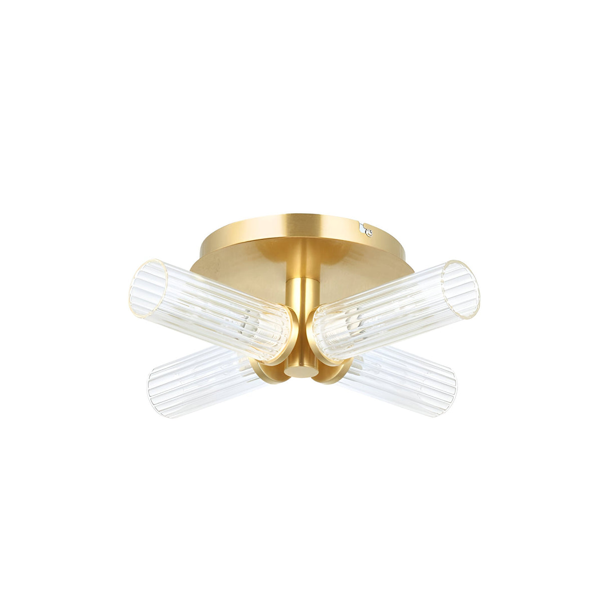 Endon Wren 4 Light semi-flush bathroom ceiling light in brass with four ribbed clear glass tube shades radiating from a circular ceiling plate.