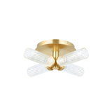 Endon Wren 4 Light semi-flush bathroom ceiling light in brass with four ribbed clear glass tube shades radiating from a circular ceiling plate.