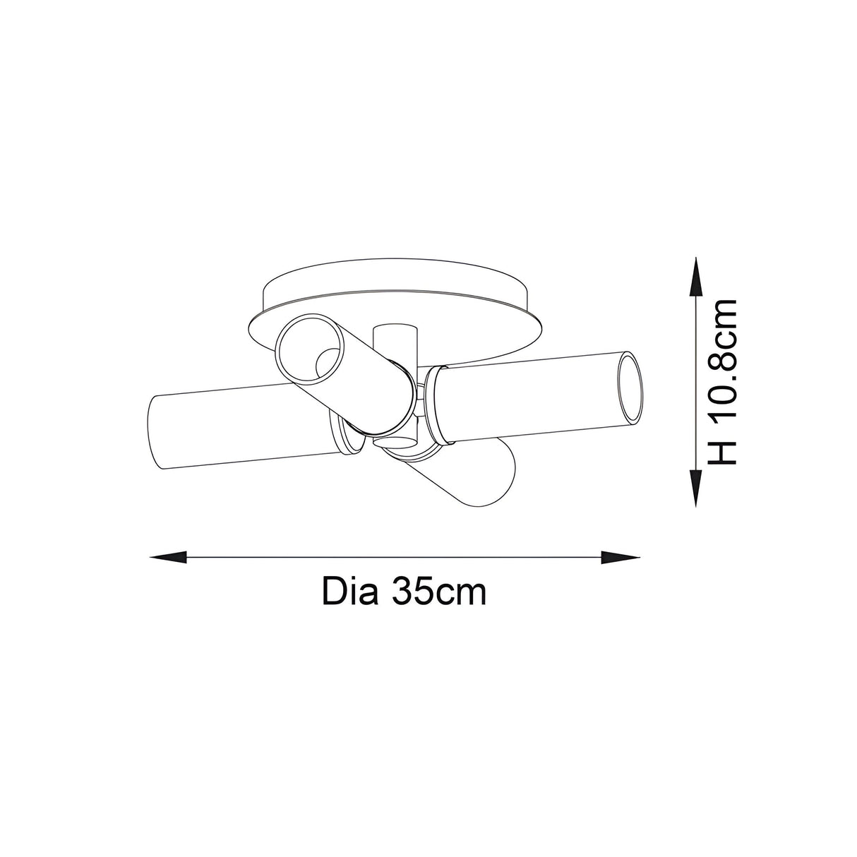 Endon Wren 4 light semi-flush bathroom ceiling light dimensions diagram showing 35cm diameter and 10.8cm height on a white background.