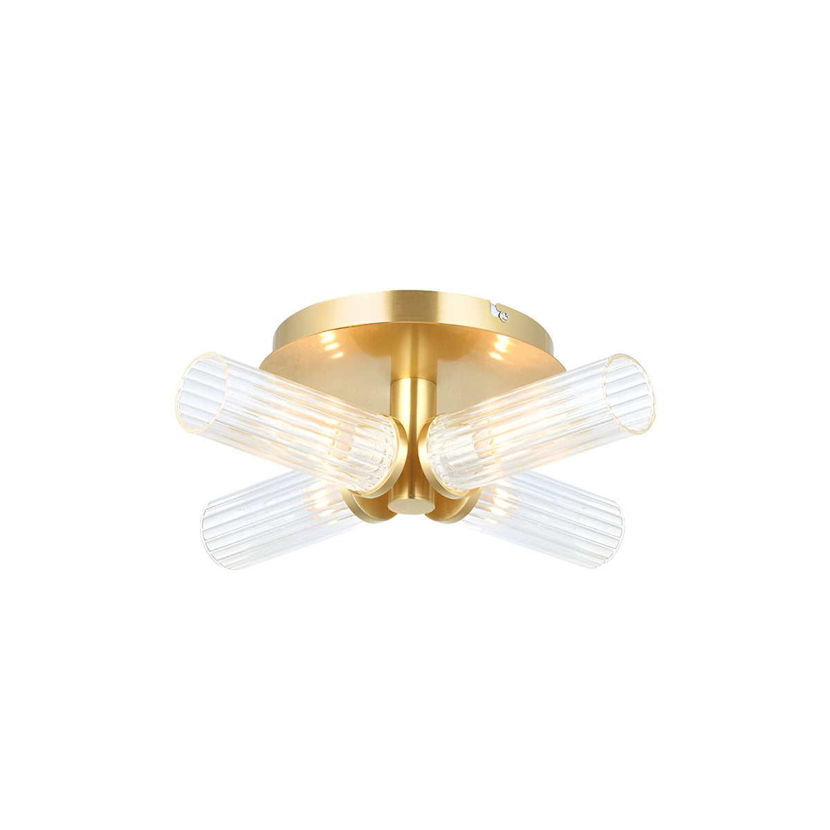 Endon Wren 4 light semi-flush bathroom ceiling light in brass with four ribbed clear glass tube shades radiating from a circular ceiling plate.