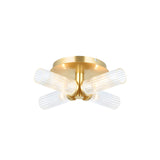 Endon Wren 4 light semi-flush bathroom ceiling light in brass with four ribbed clear glass tube shades radiating from a circular ceiling plate.