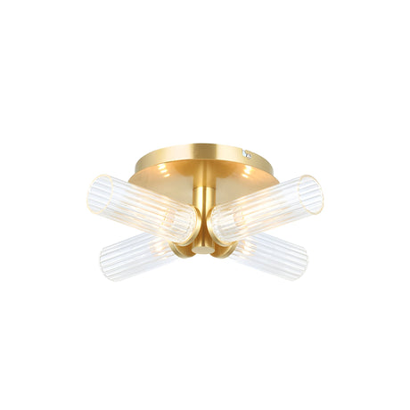 Endon Wren 4 light semi-flush bathroom ceiling light in brass with four ribbed clear glass tube shades radiating from a circular ceiling plate.