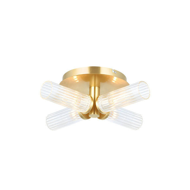 Endon Wren 4 light semi-flush bathroom ceiling light in brass with four ribbed clear glass tube shades radiating from a circular ceiling plate.