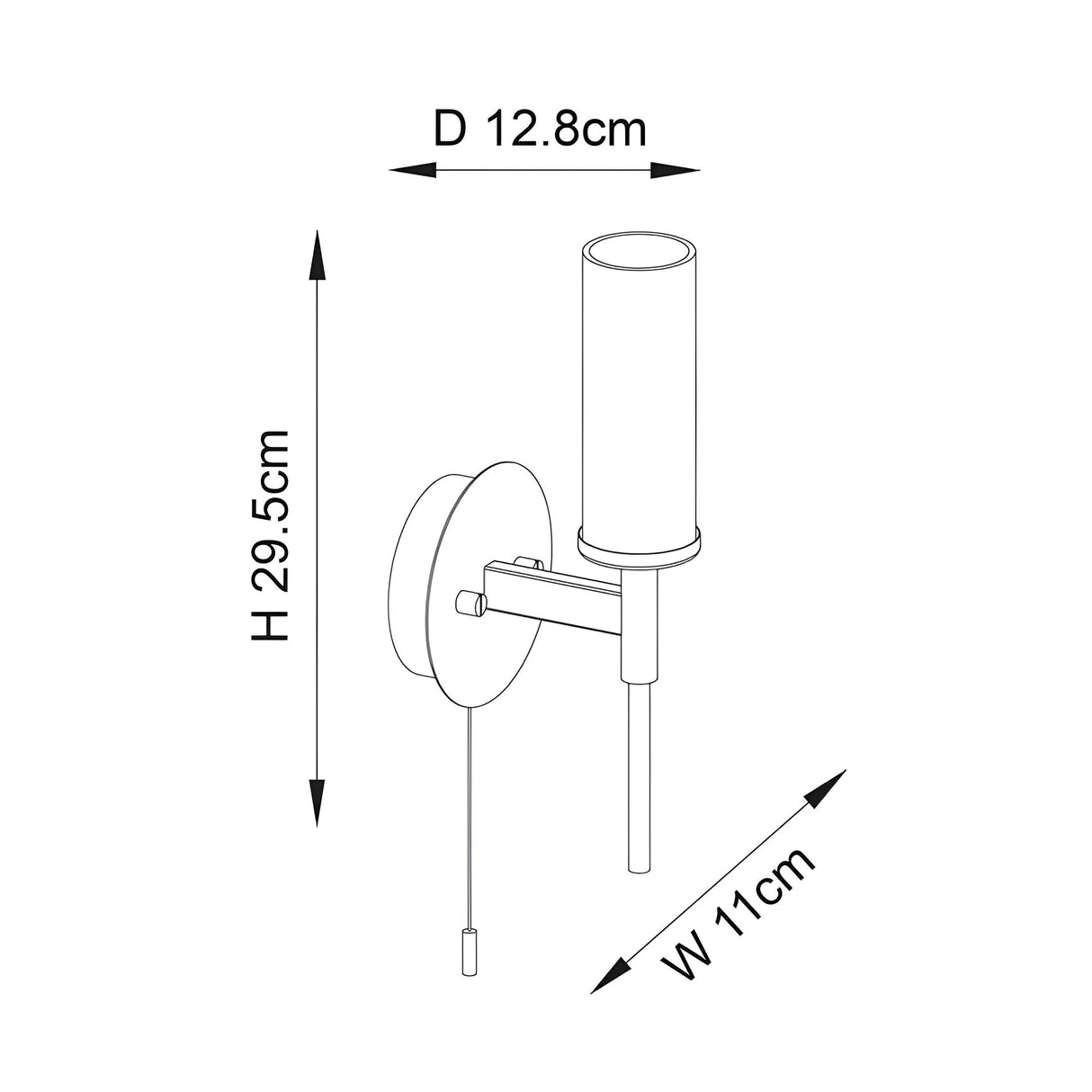 Technical dimension drawing of the Endon Wren bathroom wall light showing height 29.5cm, width 11cm and projection 12.8cm on a white background.