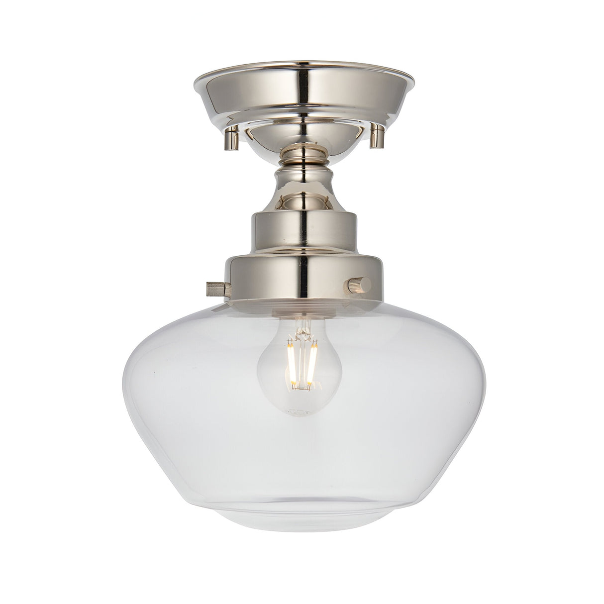 Endon Kedleston semi-flush ceiling light with nickel mount and clear glass schoolhouse shade housing a single E27 filament bulb, on a white background.