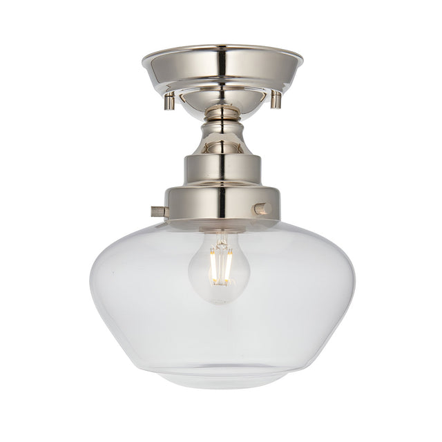 Endon Kedleston semi-flush ceiling light with nickel mount and clear glass schoolhouse shade housing a single E27 filament bulb, on a white background.