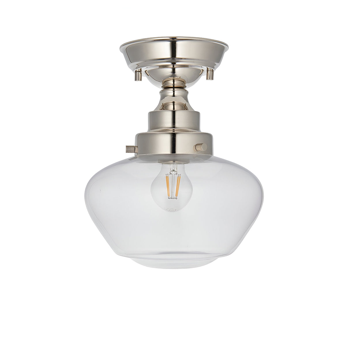 Endon Kedleston semi-flush ceiling light with nickel mount, clear glass schoolhouse shade, and single E27 filament bulb on a white background.
