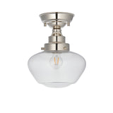 Endon Kedleston semi-flush ceiling light with nickel mount, clear glass schoolhouse shade, and single E27 filament bulb on a white background.
