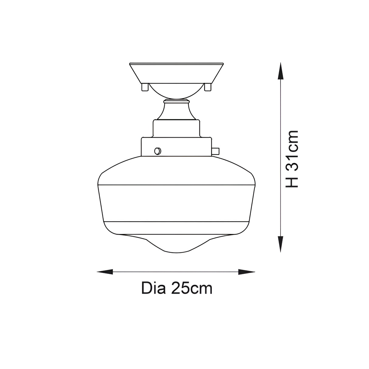 Dimension diagram of the Endon Kedleston semi-flush ceiling light showing 31cm height and 25cm diameter on a plain background.