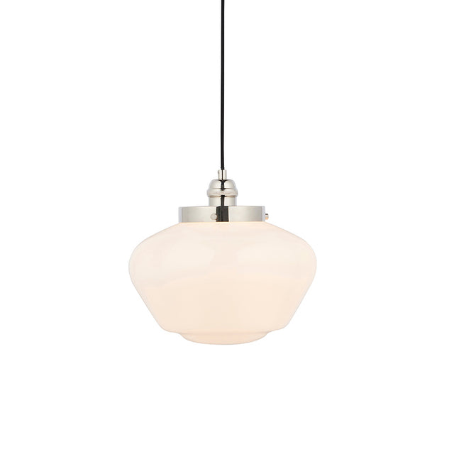 Endon Kedleston pendant light with rounded opal glass shade and polished nickel fitting on a black fabric flex, shown against a plain white background.