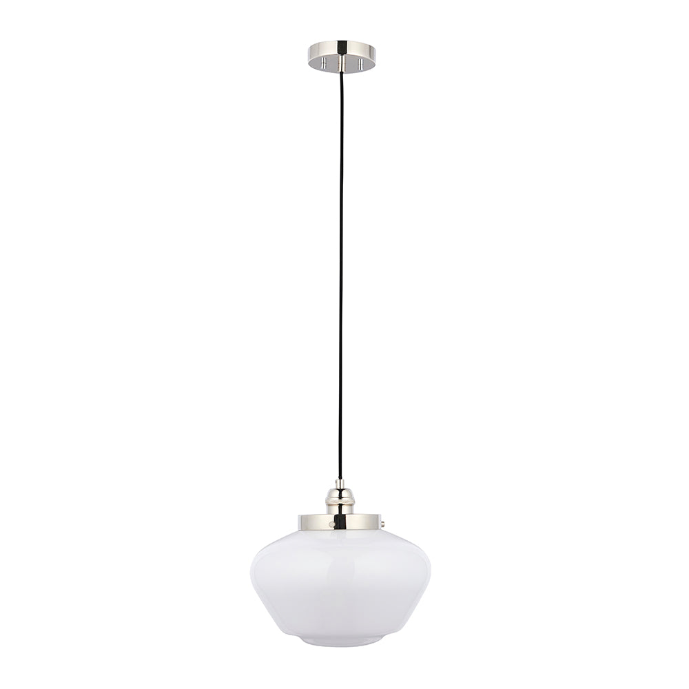 Endon Kedleston pendant light with rounded opal glass schoolhouse shade and polished nickel fitting on a black flex, shown against a white background.