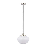 Endon Kedleston pendant light with rounded opal glass schoolhouse shade and polished nickel fitting on a black flex, shown against a white background.