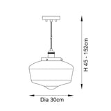 Dimension diagram of the Endon Kedleston Pendant showing 30cm diameter shade and adjustable 45–152cm height.