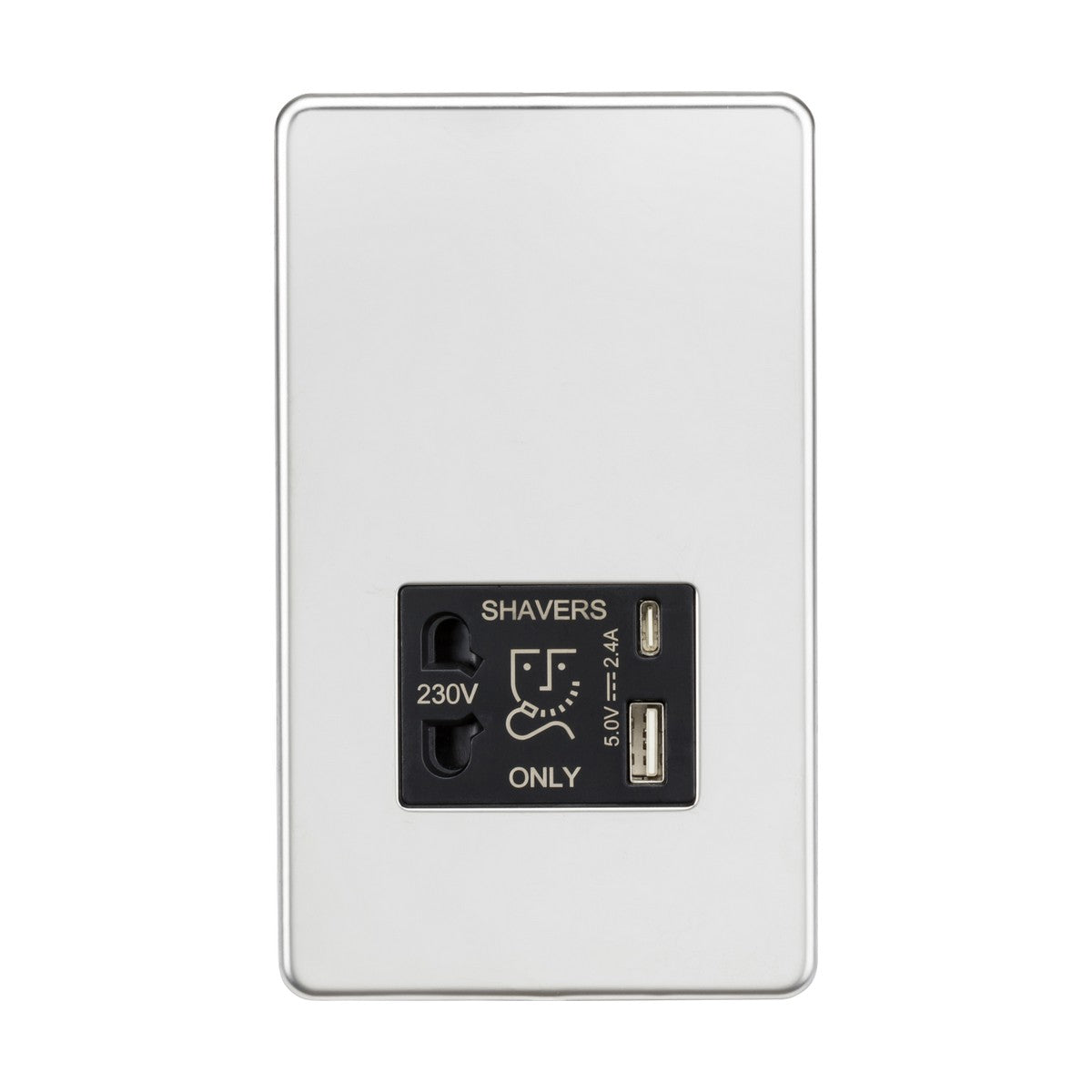 Introducing the Shaver Socket With Dual USB, featuring a polished chrome finish and black insert, perfectly designed for wall mounting. This versatile outlet is labeled "SHAVERS ONLY" and includes a 230V shaver socket alongside a dual USB charger, accommodating a frequency range of 50Hz to 1.2A.