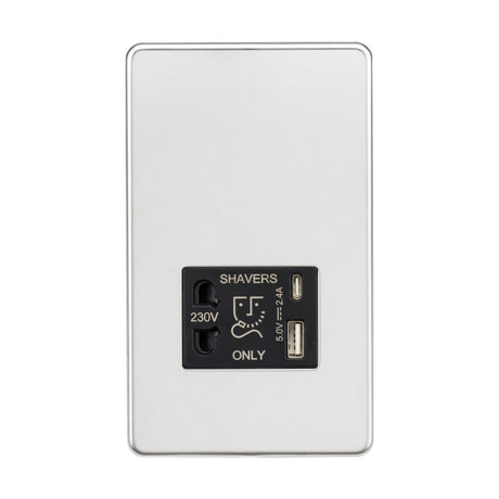 Introducing the Shaver Socket With Dual USB, featuring a polished chrome finish and black insert, perfectly designed for wall mounting. This versatile outlet is labeled "SHAVERS ONLY" and includes a 230V shaver socket alongside a dual USB charger, accommodating a frequency range of 50Hz to 1.2A.