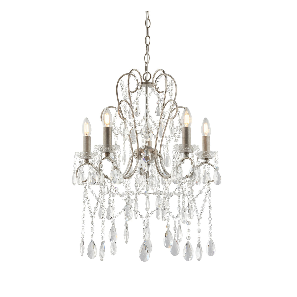 Endon Aldwood 5 light pendant chandelier in aged silver metalwork with clear faceted cut crystal droplets and beaded strands, on a white background.