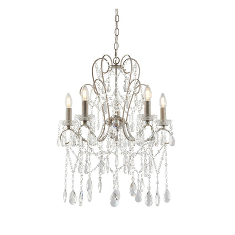 Endon Aldwood 5 light pendant chandelier in aged silver metalwork with clear faceted cut crystal droplets and beaded strands, on a white background.