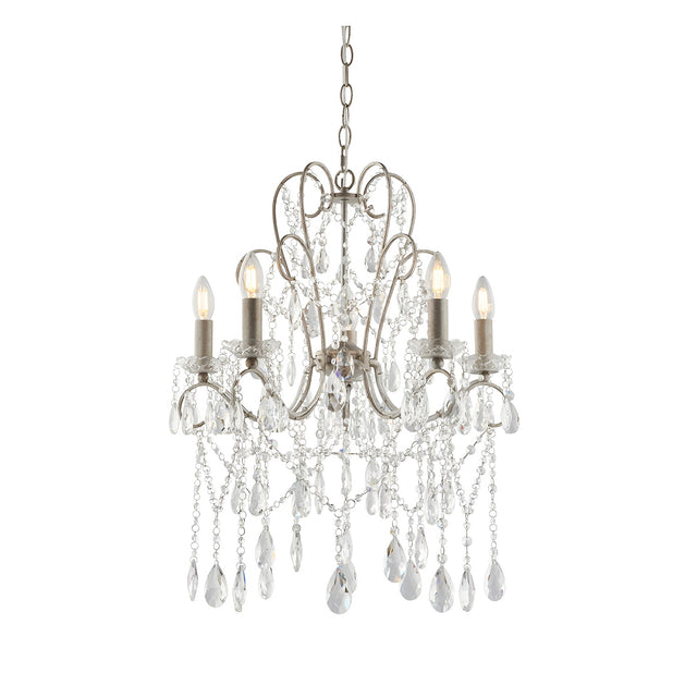 Endon Aldwood 5 light pendant chandelier in aged silver metalwork with clear faceted cut crystal droplets and beaded strands, on a white background.