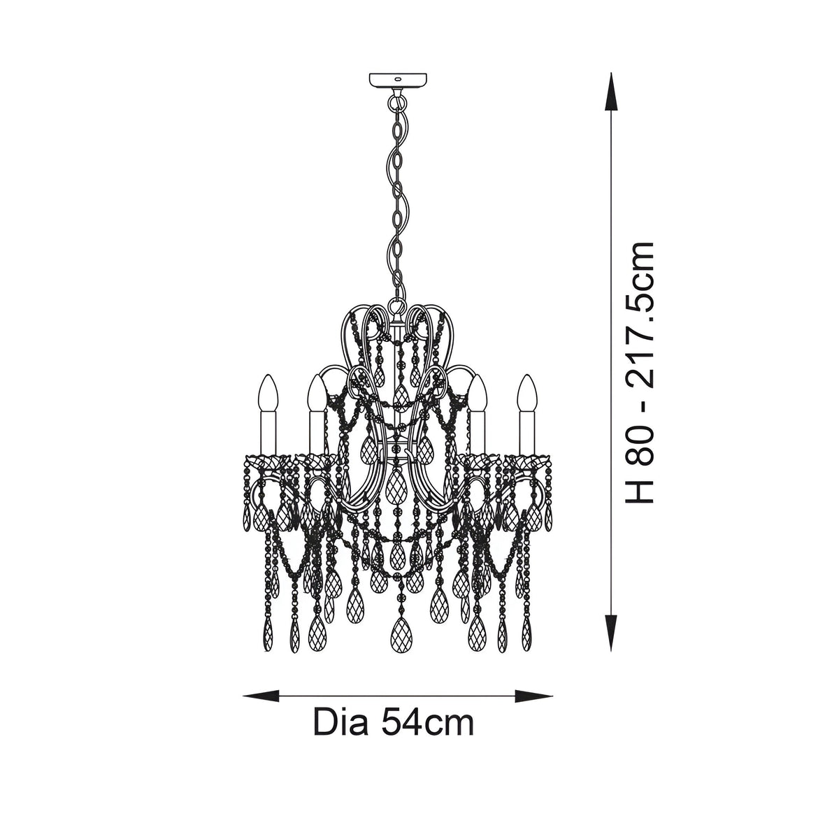 Dimensions diagram of the Endon Aldwood 5 Light Pendant in silver, showing 54cm diameter and adjustable 80–217.5cm height on a white background.
