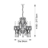 Dimensions diagram of the Endon Aldwood 5 Light Pendant in silver, showing 54cm diameter and adjustable 80–217.5cm height on a white background.