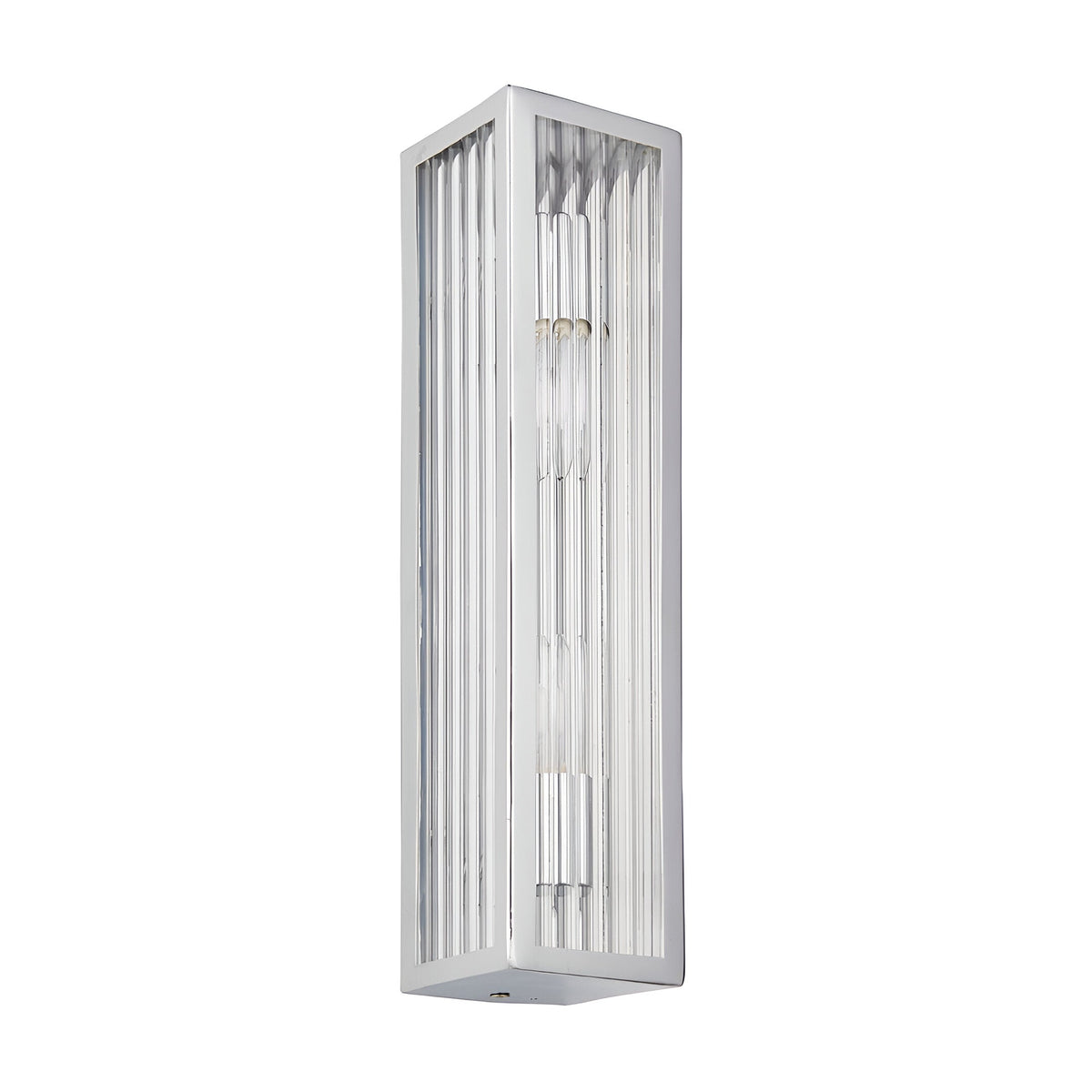 Endon Castcombe 2 light bathroom wall light in chrome with tall slim rectangular body and clear ribbed glass diffuser, shown on a white background.