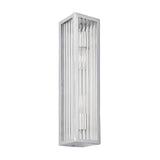 Endon Castcombe 2 light bathroom wall light in chrome with tall slim rectangular body and clear ribbed glass diffuser, shown on a white background.
