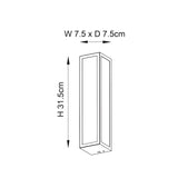 Dimensioned line drawing of the Endon Castcombe 2 light bathroom wall light in chrome, showing 31.5cm height and 7.5 x 7.5cm width and depth.