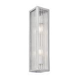 Endon Castcombe 2 light bathroom wall light in chrome with tall slim rectangular body and clear ribbed glass diffuser, shown on a white background.