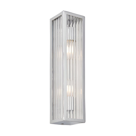 Endon Castcombe 2 light bathroom wall light in chrome with tall slim rectangular body and clear ribbed glass diffuser, shown on a white background.