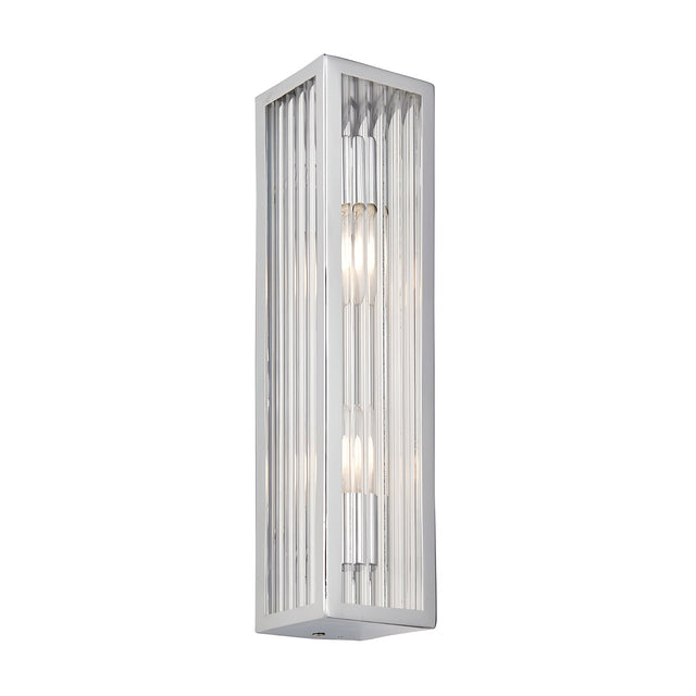 Endon Castcombe 2 light bathroom wall light in chrome with tall slim rectangular body and clear ribbed glass diffuser, shown on a white background.